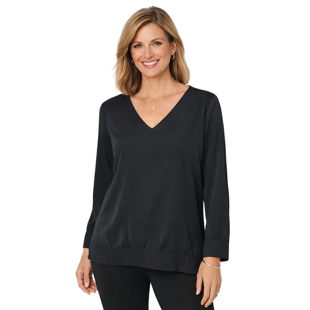 Chico’s Black V-Neck Pleated Hem Pullover Top • NWT • Size 2 (12/14)